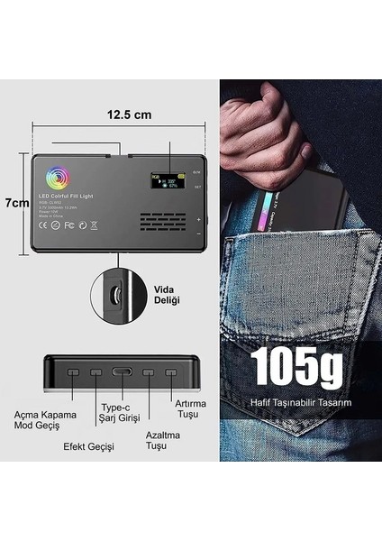 Video Fotoğraf Dolgu Işığı 9000K LCD Ekran RGB-CL120 LED 20 Efekt Dslr Vlog Canlı Yayın