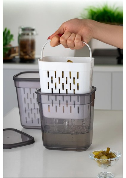 Süzgeçli Turşuluk, Zeytinlik, Çok Amaçlı Dikdörtgen Saklama Kabı Seti - 2 Lt