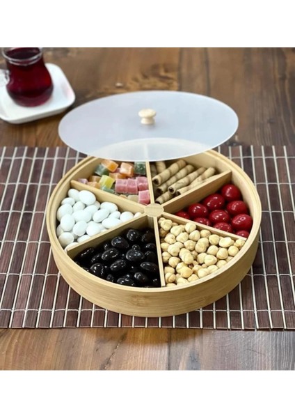 6 Bölmeli Bambu Çerezlik - Şekerlik Saklama ve Sunum Kutusu