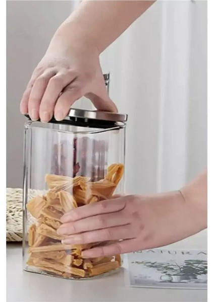 Kare Cam Kavanoz Erzak Saklama Kabı Vakum Kapaklı Borosilikat Cam Kavanoz Saklama Kabı 1 Adet