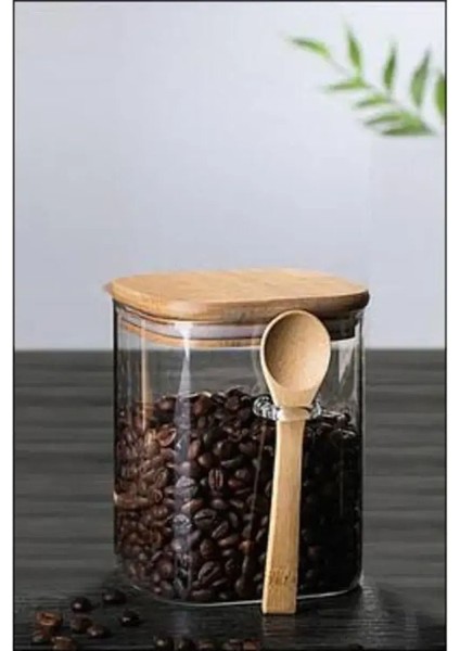 Bambu Kapaklı Kaşıklı Kare Kavanoz