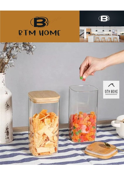 1300 ml Bambu Kare Vakum Kapaklı Borosilikat Cam Kavanoz Saklama Kabı (1 Adet)