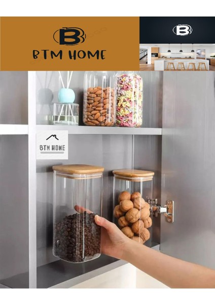 1300 ml Bambu Kare Vakum Kapaklı Borosilikat Cam Kavanoz Saklama Kabı (1 Adet)
