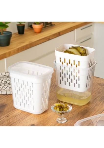 Süzgeçli Turşuluk, Zeytinlik, Çok Amaçlı Dikdörtgen Saklama Kabı Seti - 2 Lt