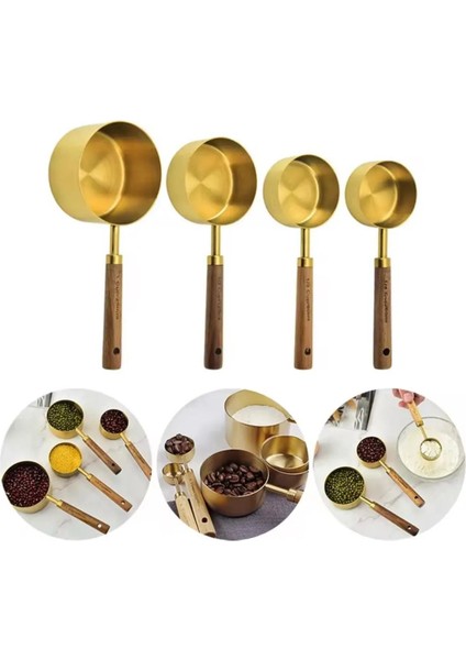 Gold Ölçü Kaşığı Seti 4lü Ahşap Saplı Ölçü Kabı Seti