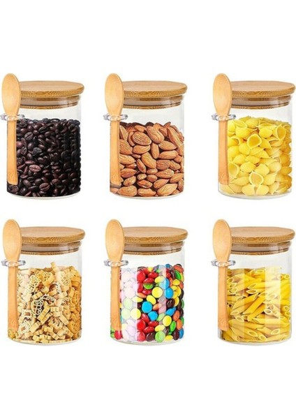 Bambu Kapaklı 600 ml, Cam, Kavanoz, Kaşıklı 1 Adet