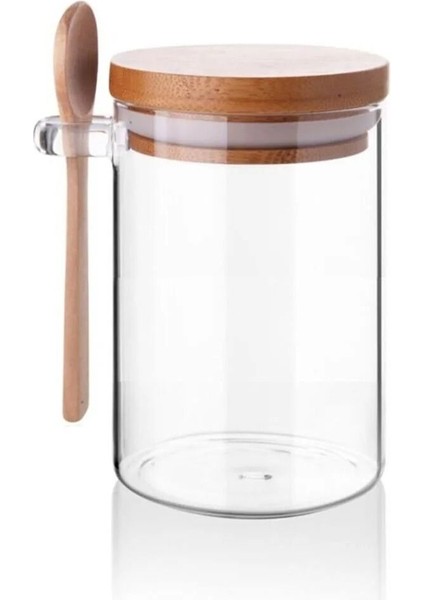 Bambu Kapaklı 600 ml, Cam, Kavanoz, Kaşıklı 1 Adet