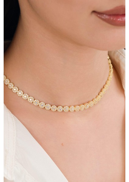 Gümüş Altın Gold Kaplama Beyaz Zirkon Taşlı Pırlanta Modeli Su Yolu Choker Tasma Kolye