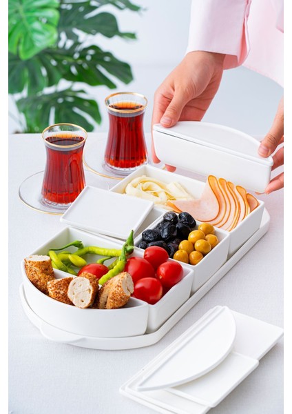 6 Parça Oval Tepsili Porselen Kapaklı Kahvaltı Takımı Seti