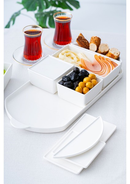 6 Parça Oval Tepsili Porselen Kapaklı Kahvaltı Takımı Seti modelleri