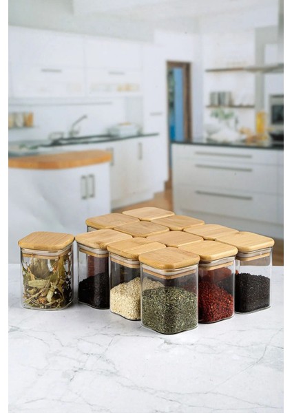 2 Adet 200 ml Bambu Kapaklı Kare Cam Kavanoz ve Baharalık Seti