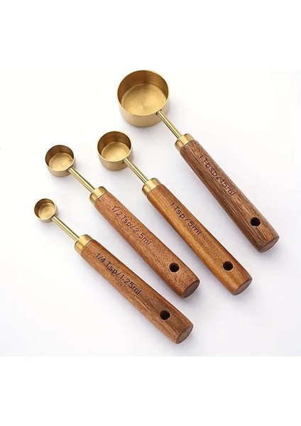 Gold Ölçü Kaşığı Seti 4lü Ahşap Saplı Ölçü Kabı Seti