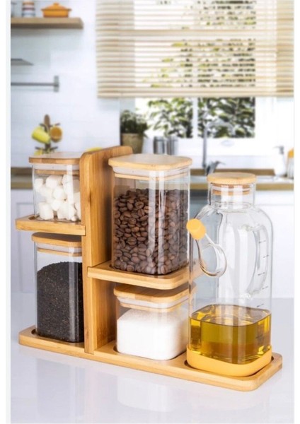 Bambu Stantlı 800 ml Yağdanlıklı Bambu Kapaklı Borosilikat Cam Baharatlık Seti 6 Parça