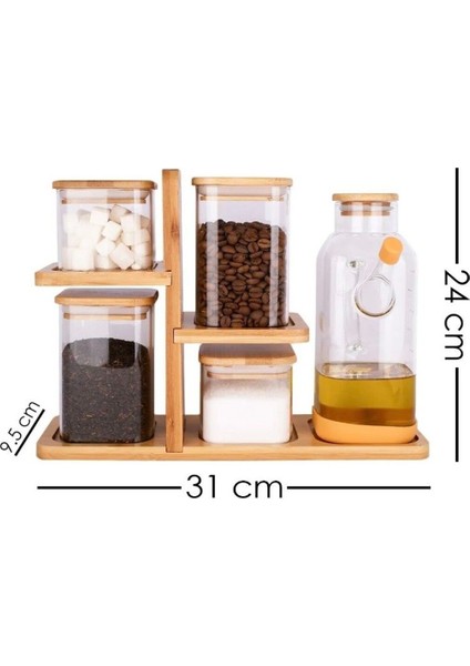 Bambu Stantlı 800 ml Yağdanlıklı Bambu Kapaklı Borosilikat Cam Baharatlık Seti 6 Parça