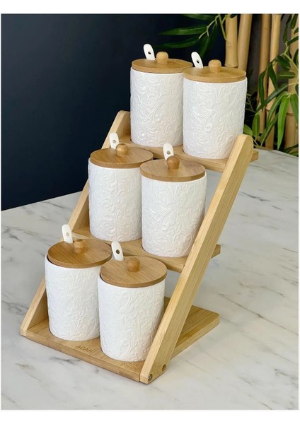 6'lı Porselen Kaşıklı Baharat Takımı Bambu Standlı Set