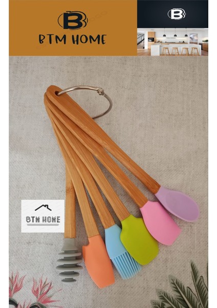 6 Parça Bambu Saplı Silikon Spatula Mutfak Seti, Tencere Tava Pasta Kek Sıyırma Seti,
