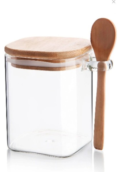 Bambu Kapaklı Kaşıklı Kavanoz Kare 300 ml