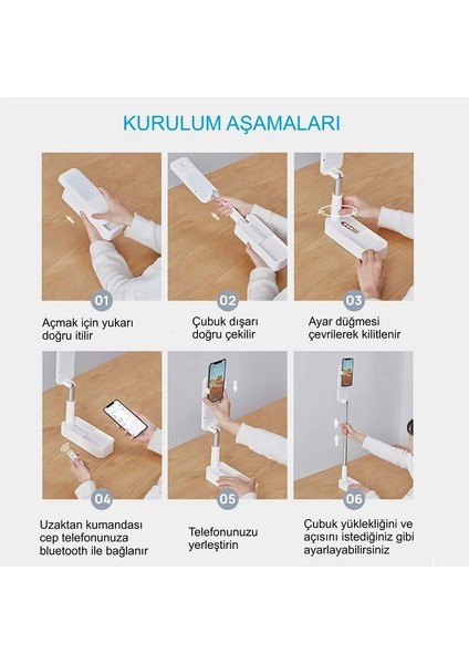 Canlı Yayın Braketi Çok Fonksiyonlu LED Işıklı 360 Derece Kumandalı Selfie Telefon Standı 7 Farklı Işık Modunu Hassas Işık Hissi