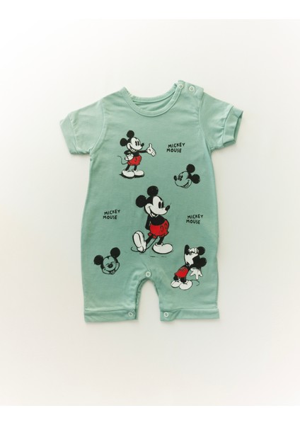 Çocuk Micky Mouse Baskılı Çıtçıtllı Mint Kısa Tulum
