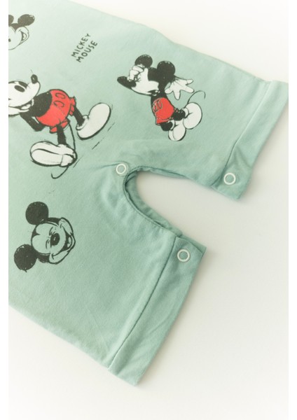 Çocuk Micky Mouse Baskılı Çıtçıtllı Mint Kısa Tulum