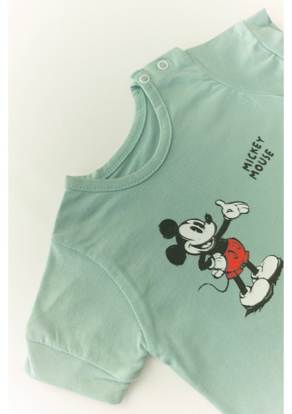 Çocuk Micky Mouse Baskılı Çıtçıtllı Mint Kısa Tulum