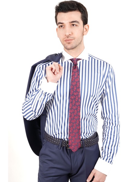 Slim Fit Modern Lacivert Çizgili Yaka ve Manşet Detaylı Pamuklu Gömlek