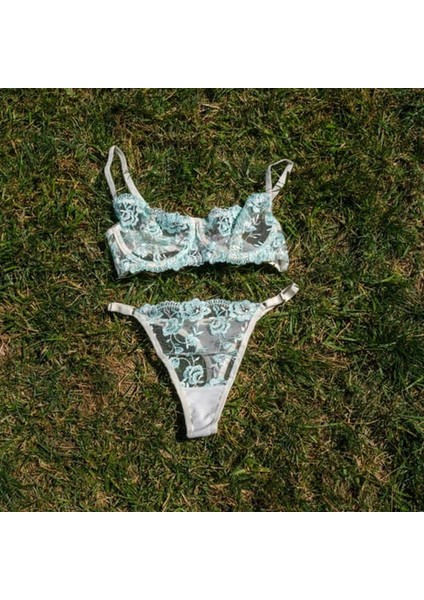 Çiçek Desenli Brode Bralet Alt Üst Takım - Güpürlü Tül Sütyen ve Külot Takım - Çeyizlik Hediyelik fırsatları