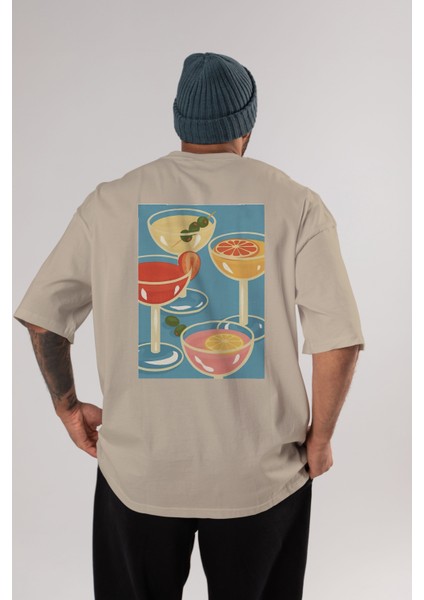 Cocktails Arka Baskılı Oversize T-Shirt Erkek Kadın Unisex %100 Pamuk Bisiklet Yaka Tişort