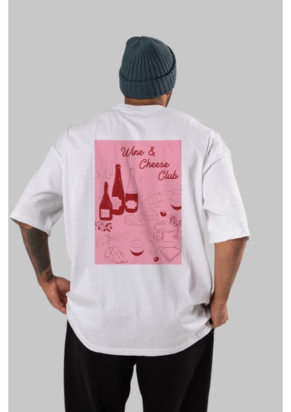 Wine Cheese Club Arka Baskılı Oversize T-Shirt Erkek Kadın Unisex %100 Pamuk Bisiklet Yaka Tişort