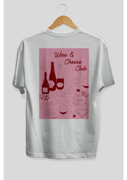 Wine Cheese Club Arka Baskılı Oversize T-Shirt Erkek Kadın Unisex %100 Pamuk Bisiklet Yaka Tişort fiyatları