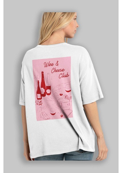 Wine Cheese Club Arka Baskılı Oversize T-Shirt Erkek Kadın Unisex %100 Pamuk Bisiklet Yaka Tişort modelleri
