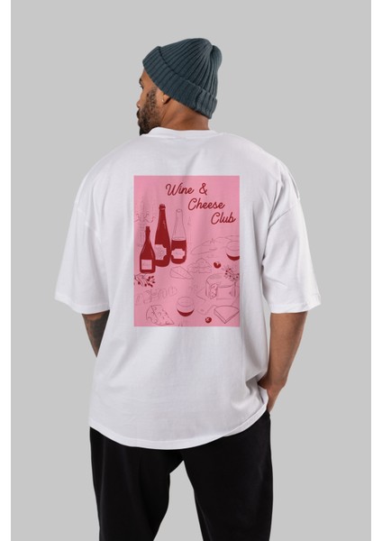 Wine Cheese Club Arka Baskılı Oversize T-Shirt Erkek Kadın Unisex %100 Pamuk Bisiklet Yaka Tişort fırsatları