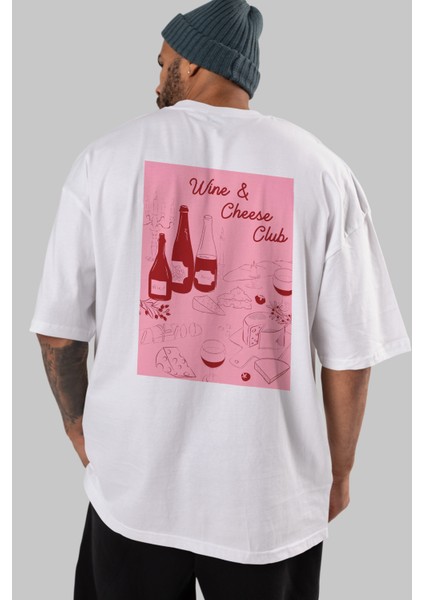 Wine Cheese Club Arka Baskılı Oversize T-Shirt Erkek Kadın Unisex %100 Pamuk Bisiklet Yaka Tişort indirimleri