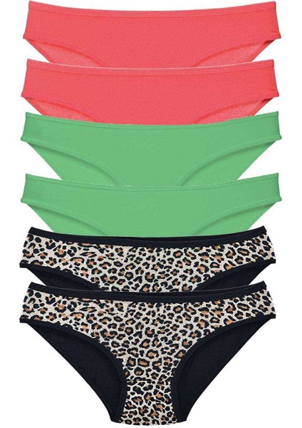 6 Adet Likralı Kadın Slip Külot Leopar Fuşya Yeşil