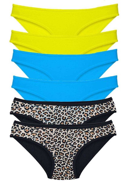 6 Adet Likralı Kadın Slip Külot Leopar Sarı Mavi