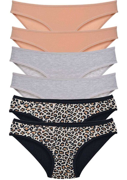 6 Adet Likralı Kadın Slip Külot Leopar Ten Gri