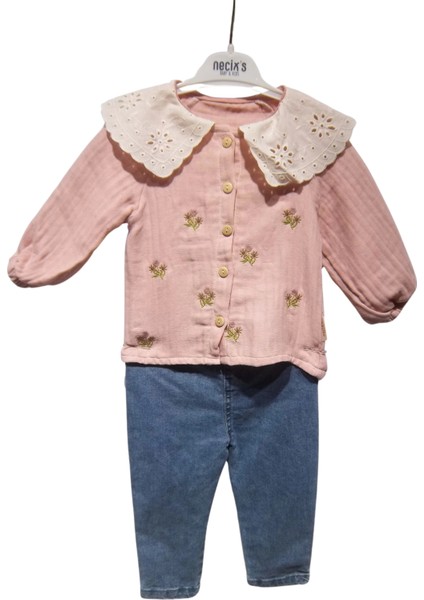 Çiçek Nakışlı Güpür Yakalı Takım