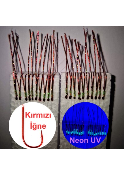 Çapari, İstavrit Çaparisi, 20x12 Beden, Ultraviyole Uv Neon Kırmızı Sim, 11 No Kırmızı İğne, 10 İğneli 2li Paket