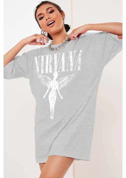 Melek Nirvana Gri Oversize Kısa Kollu Kadın T-Shirt