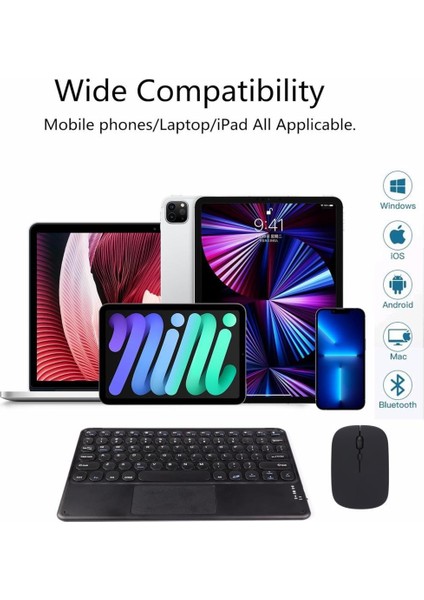 Apple iPad Air 11" (2024) Wi-Fi Uyumlu Kablosuz Bluetooth Şarjlı Touchpad'li Klavye Mouse Seti - Siyah