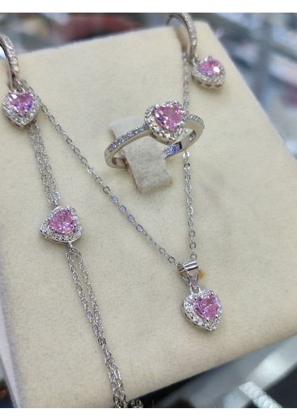 925 Ayar Gümüş Pembe Kalpli 4 'lü Gümüş Set, Kolye, Küpe, Yüzük ve Bileklik Şıklığı Bir Arada