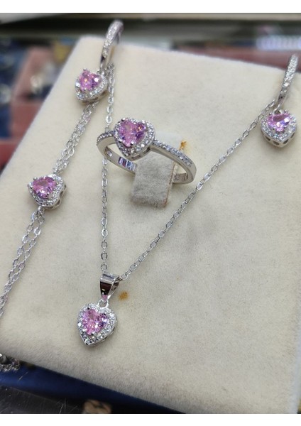 925 Ayar Gümüş Pembe Kalpli 4 'lü Gümüş Set, Kolye, Küpe, Yüzük ve Bileklik Şıklığı Bir Arada fiyatları