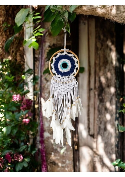 El Yapımı Nazarlık Örgülü ve Kuş Tüyü Süslemeli Düş Kapanı Dreamcatcher 18 x 60 cm