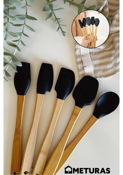 Mutfak Bambu Silikon Isıya Dayanıklı Kaşık Kepçe Spatula Takımı 5 Li Set