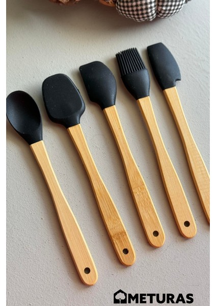 Mutfak Bambu Silikon Isıya Dayanıklı Kaşık Kepçe Spatula Takımı 5 Li Set