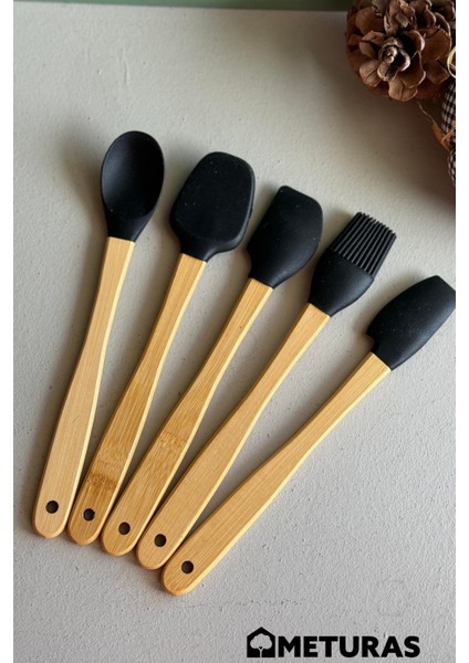 Mutfak Bambu Silikon Isıya Dayanıklı Kaşık Kepçe Spatula Takımı 5 Li Set