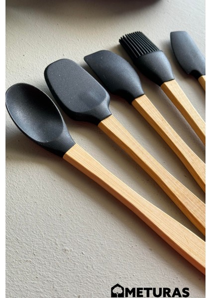 Mutfak Bambu Silikon Isıya Dayanıklı Kaşık Kepçe Spatula Takımı 5 Li Set