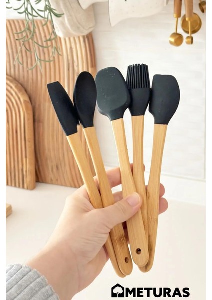 Mutfak Bambu Silikon Isıya Dayanıklı Kaşık Kepçe Spatula Takımı 5 Li Set