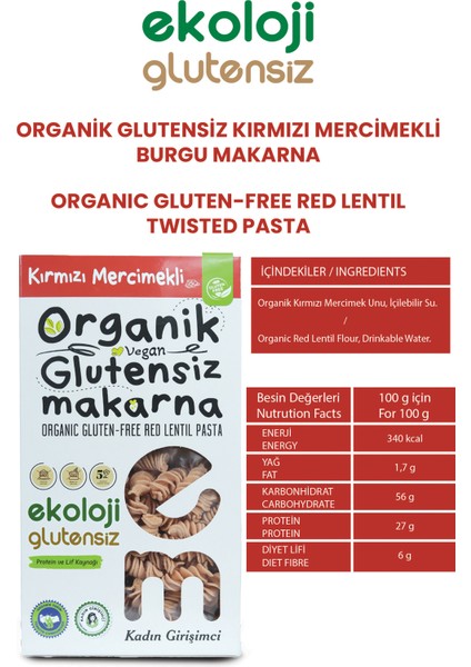 Organik Glutensiz Makarna Kırmızı Mercimekli Burgu 200 gr