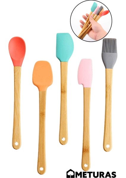 Mutfak Bambu Silikon Isıya Dayanıklı Kaşık Kepçe Takımı 5 Li Set